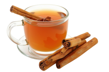Warm cinnamon tea with spices in a clear glass mug, inviting warmth for a cozy afternoon sip during cool autumn days isolated on transparent background
