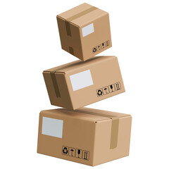 Stack of cardboard shipping boxes with packaging symbols. Render of delivery box with signs fragile, way up, keep dry, recyclable. Cargo boxes sealed and ready to ship. Isolated 3d illustration