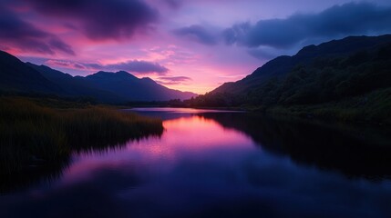 Serene mountain lake sunset reflection, tranquil, vivid colors, dramatic clouds