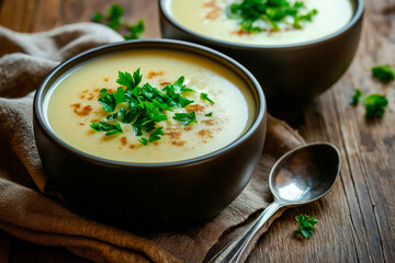 Creamy soup in a black bowl garnished with fresh green herbs served on a rustic wooden table surface