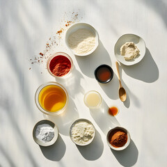 Culinary Palette: A vibrant collection of ingredients, each in its own ceramic bowl, awaits a chef's creativity. Soft light and shadows play over the scene.