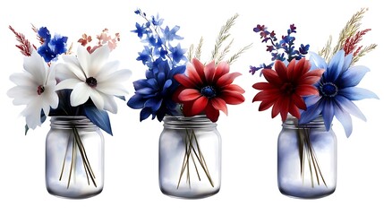 Rustic Mason Jar Flower Arrangements Red with White, and Blue Blooms.