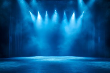 An empty stage, bathed in the cool, vibrant glow of blue spotlights, creating an atmosphere of anticipation. The scene is a simple, yet captivating depiction of a space prepared for a performance.