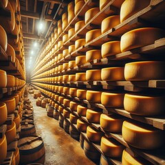 Cheese wheels aging in cellar of winery. Rows of yellow cheese on wooden shelves, a traditional cheese-making storage. Italy food culture, a delicious culinary scene.