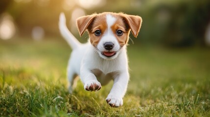 A small happy puppy running joyfully through green grassy fields