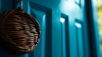Rustic Wicker Door Hanger with Teal Door, and Home Decor.