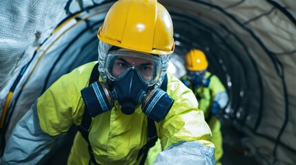 Naklejka premium Hazardous Material Response Team in Protective Gear Working in Confined Space for Emergency Situation