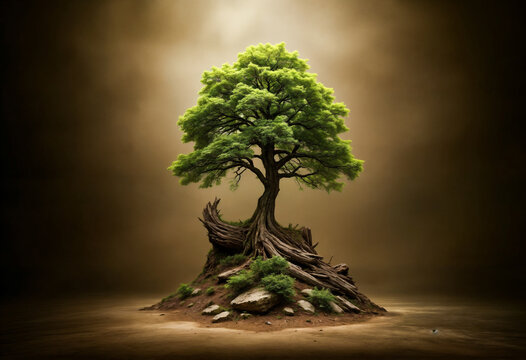 Lone Tree on Earthy Island with Exposed Roots under Dramatic Light.