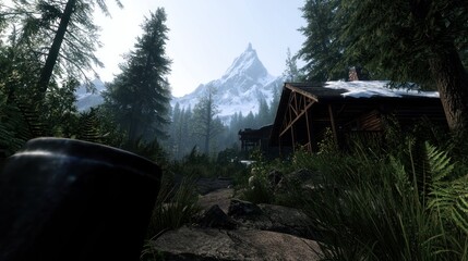 Mountain Cabin in Snowy Forest Path