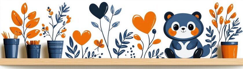 Fototapeta premium Cute Panda Character with Colorful Plants and Hearts for Children's Room Decoration