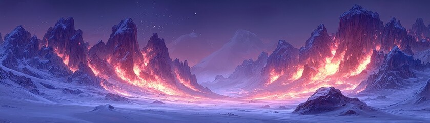 Dramatic Landscape of Fiery Mountains Under a Starry Sky with Snow-Covered Ground