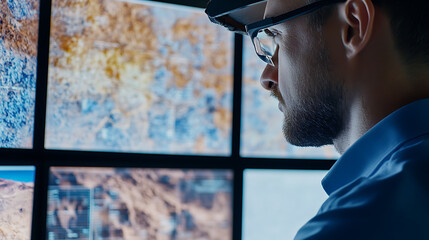 Satellite imaging analyst reviewing remote lithium deposit survey maps. Featuring advanced exploration