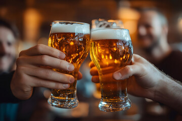 Close-up shot of two beer glasses clinking together in a celebratory toast. The photo captures a moment of conviviality and shared enjoyment.