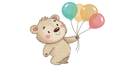 Cute Bear Holding Balloons, Watercolor Illustration, Isolated on Transparent Background, Digital Painting, Children's Book, Bear, Balloons, Illustration