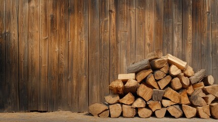 Stack of Chopped Firewood Against a Rustic Wooden Wall in Natural Lighting