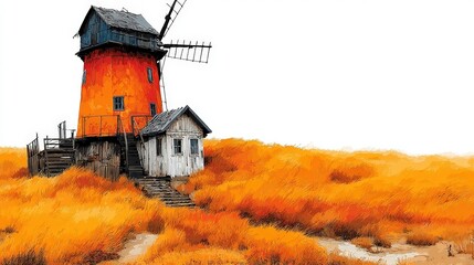 Vibrant Windmill Surrounded by Golden Grassy Field Under Clear Sky Landscape Art
