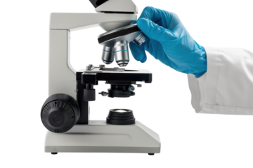 A scientist in a laboratory examines a specimen using a microscope, demonstrating intricate research techniques during daylight isolated on transparent background