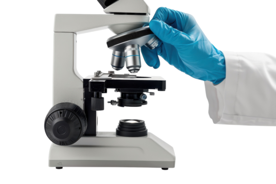 A scientist in a laboratory examines a specimen using a microscope, demonstrating intricate research techniques during daylight isolated on transparent background