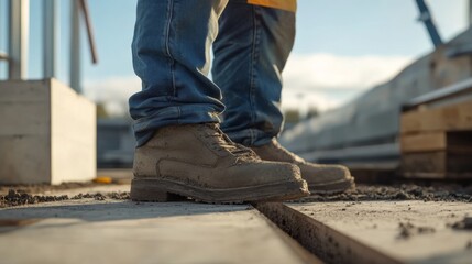 A construction worker inspecting the foundation at a building site. Featuring attention to detail and precision