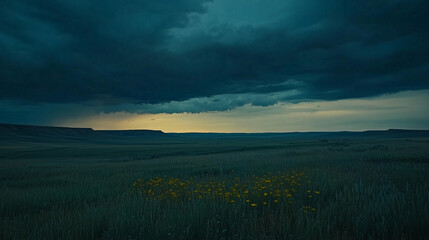 Obraz premium Storm clouds loom over the prairie, a vast sky in moody blues and greys, evoking nature's raw power and solitude.