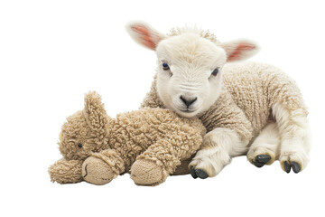 Obraz premium A playful lamb snuggles with a fluffy toy bunny in a cozy indoor setting, capturing the innocence of youth and warmth of friendship isolated on transparent background