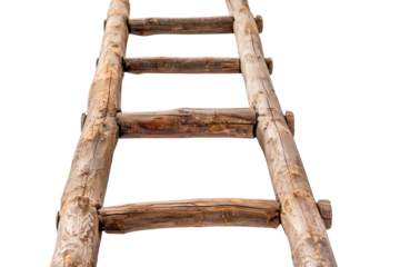 A rustic wooden ladder leaning against a bright neutral background captures a sense of simplicity and natural charm in home decor isolated on transparent background