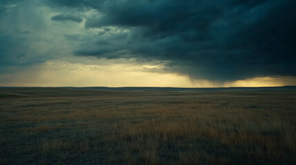 Fototapeta premium Storm clouds loom over the prairie, a vast sky in moody blues and greys, evoking nature's raw power and solitude.