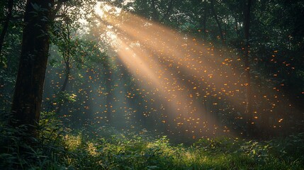 Fototapeta premium Sunlit Forest with Flying Insects