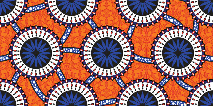 African ethnic traditional orange pattern. seamless beautiful Kitenge, chitenge style. fashion design in colorful. Geometric Blue circle abstract motif. Floral Ankara prints, African wax prints.
