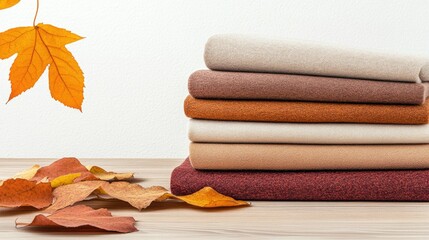 Soft Textiles in Warm Autumn Colors with Leaves on Wooden Surface