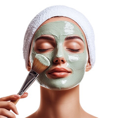 Beautician applying a facial mask with a brush in a serene beauty salon isolated on a transparent background