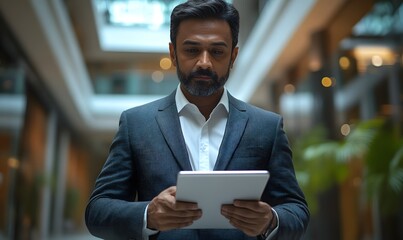 A determined professional stands in a modern office setting, engrossed in their work on a tablet, exuding confidence and poise amidst a clean and sophisticated atmosphere.