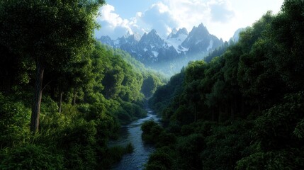 Fototapeta premium Lush forest valley with river leading to snow-capped mountains