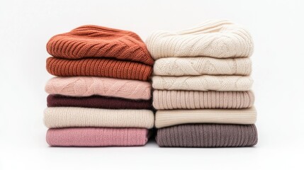 Cozy and Soft Knitted Sweaters Stacked Neatly in Warm Colors on a White Background