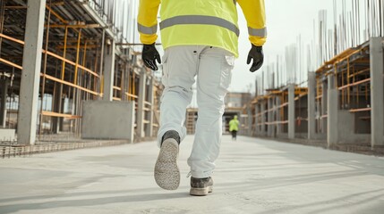 Obraz premium Walking shot from behind of person in full safety equipment moving through a construction site with rebar and concrete structures