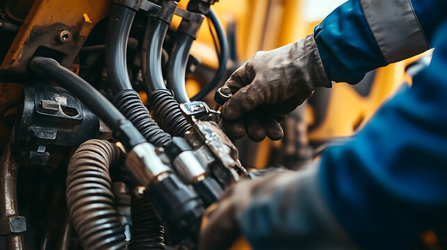 Heavy equipment mechanic repairing hydraulic hoses on an excavator. Featuring maintenance and mechanics