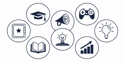 Education Learning Growth Ideas Communication Game Light Bulb Graduation Cap Megaphone Book Safe Vector Icon Set