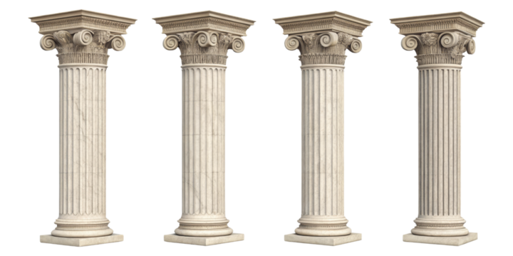 Four Ionic Columns 3D Render, Isolated on Transparent Background, Architectural Design, Classical Architecture, Ionic column, 3D model, architecture