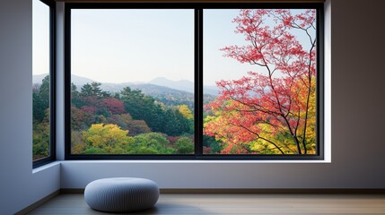 Fototapeta premium Serene Modern Interior with Large Window Showcasing Vibrant Autumn Landscape and Colorful Foliage