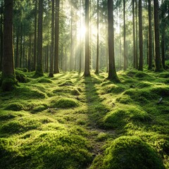 Obraz premium A vibrant forest floor covered in lush green moss, illuminated by soft sunlight filtering through the tall trees overhead