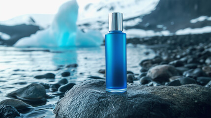 Blue perfume bottle on rock by icy lake in arctic landscape