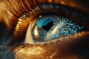 Close up of an eye reflecting digital data streams and light