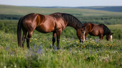 Obraz premium Brown Horses Grazing in Meadow, Hills in Background