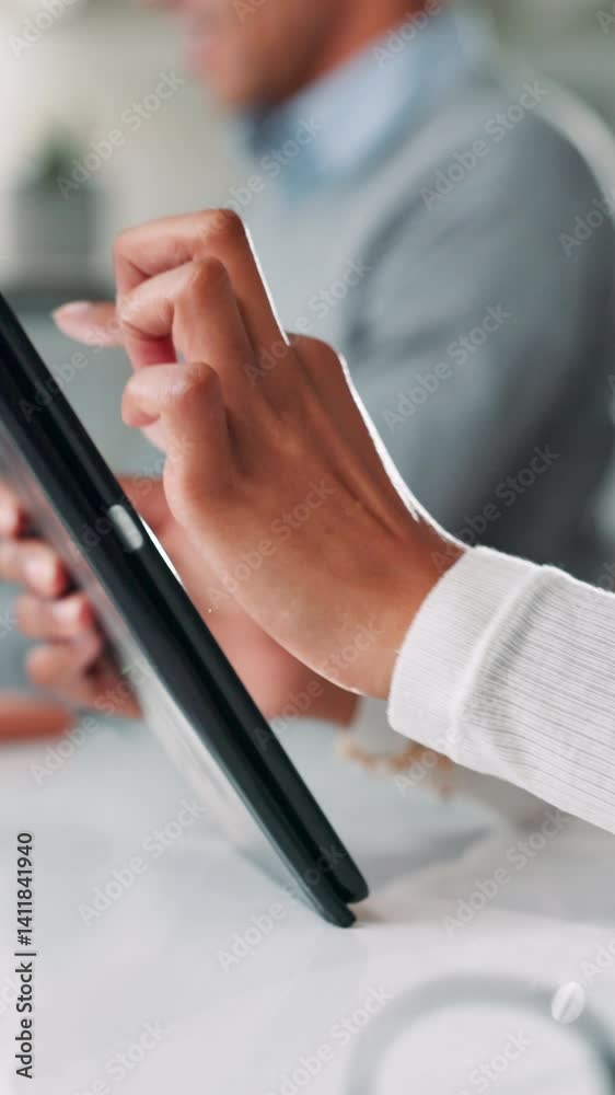 Poster Woman, hands and tablet in office for business, website scroll and search on internet. Admin person, tech and typing in coworking space for schedule update, agenda and feedback for efficient workflow