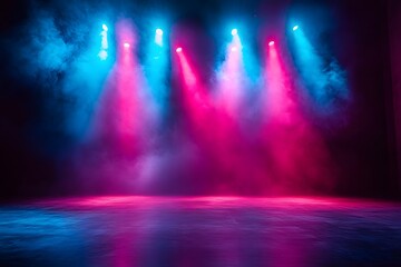 A mesmerizing abstract scene is bathed in dramatic light, with vibrant beams of blue and magenta cutting through a misty atmosphere, creating an evocative and otherworldly ambiance.