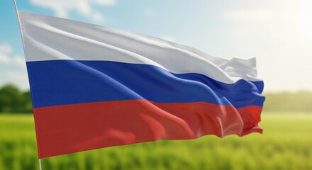 Naklejka premium Russian Flag Waving in a Sunny Field: A Symbol of National Pride and Patriotism