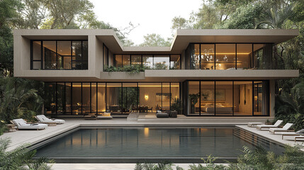 Fototapeta premium Modern villa with floor to ceiling glass and pool in lush setting