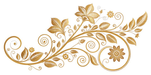 Golden Floral Swirl Design, Isolated on Transparent Background, PNG, Illustration, Floral, Ornament, Design