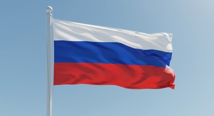 Fototapeta premium Waving Russian Federation Flag Against a Clear Blue Sky: A Symbol of National Pride and Identity