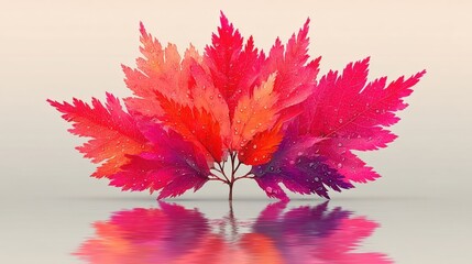 Vibrant Colorful Leaves with Water Droplets Reflected on a Soft Neutral Background
